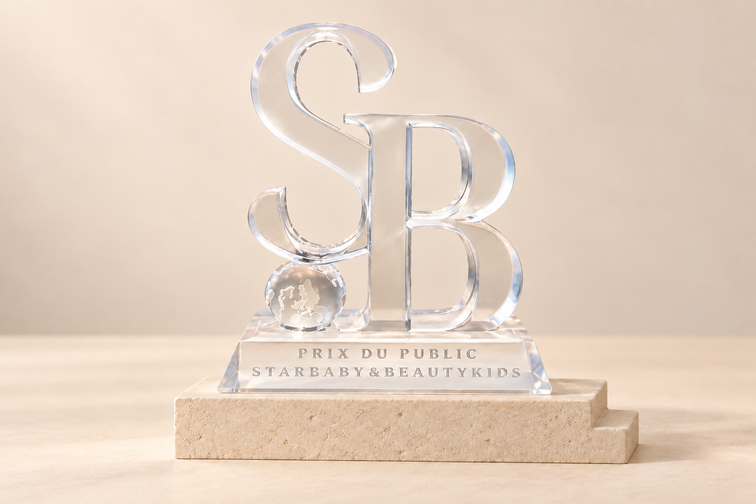 Mise en scène du trophée SB du prix du public en résine transparente sur un socle beige